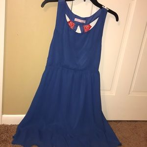 Flowy blue and red dress.